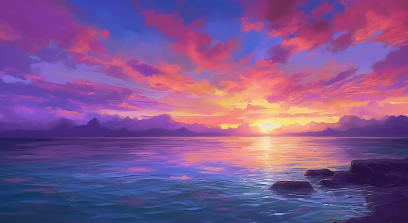 傍晚蓝紫色夕阳海面礁石插图,插画/手绘图,插画/手绘图库,插画/手绘图下载,插画/手绘